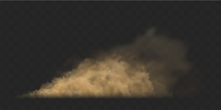 Flying dust cloud from car on black transparent background. Brown sandy particles dispersing in air with realistic dirt explosion effect. Dynamic motion overlay for design and composition.