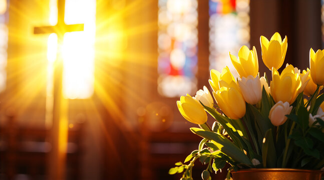 Yellow tulips and cross in church with sun flare. Easter spring flowers in sun