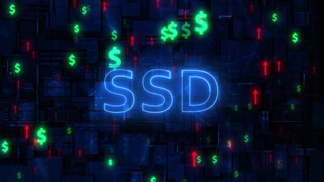 Neon SSD Storage Price Increase with Dollar Signs and Up Arrows on 3D Motherboard Background Loop 4K