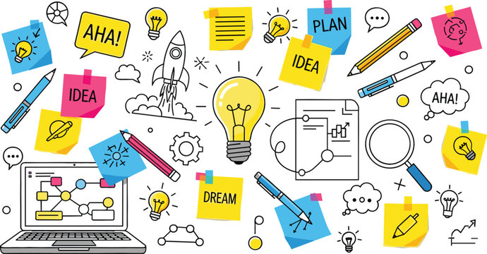 Creative ideas concept with light bulb sticky notes and doodles, brainstorming workflow illustration for innovation and startup thinking vector design