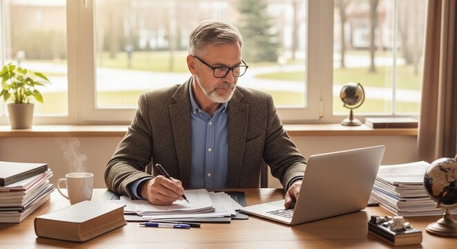Professor Working on Laptop with Books in University Office Research Concept