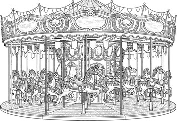 Vintage carousel line art illustration with ornate merry go round horses, detailed amusement park ride engraving style vector design © Jahangir