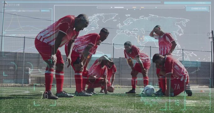 Digital video merges sports and tech with animated world map and tired footballers.
