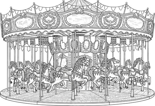 Vintage carousel line art illustration with ornate merry go round horses, detailed amusement park ride engraving style vector design