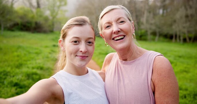 Face, mom and daughter in selfie for fitness with happiness for social media, post and profile picture in Canada. People, mature parent and smile in forest on morning walk, run and exercise break