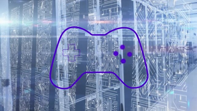 Animation of videogame controller icon and microprocessor connections against computer server room