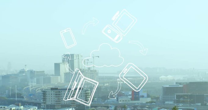 Animation of multiple business concept icons spinning against aerial view of tall buildings