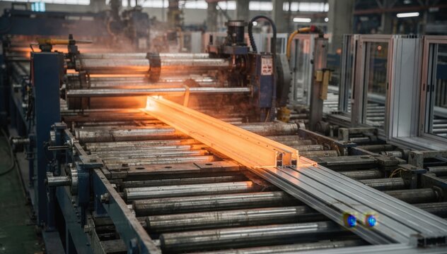 Medium shot showing midrise construction aluminum window frame extrusion as long dies push glowing billets into precise architectural frame profiles.
