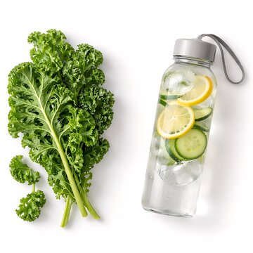 &ldquo;Kale leaves with water bottle for detox and weight loss diet concept, isolated on white background, healthy lifestyle