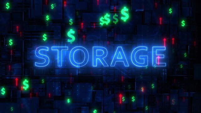 Neon Data Storage Concept with Digital Grid and Dollar Symbols &ndash; Cloud Storage Technology Background Loop 4K