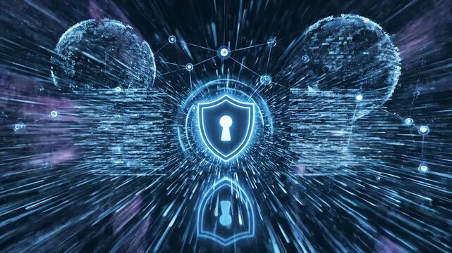 A cyber security concept comes to life as a glowing shield with a keyhole icon stands guard over a luminous field of digital data streams.