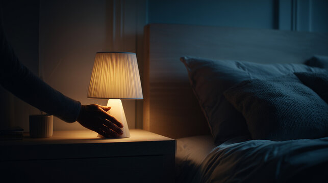 person turning off bedside lamp before sleep, hand reaching to switch off light in cozy minimal bedroom at night, peaceful bedtime routine and sleep hygiene concept