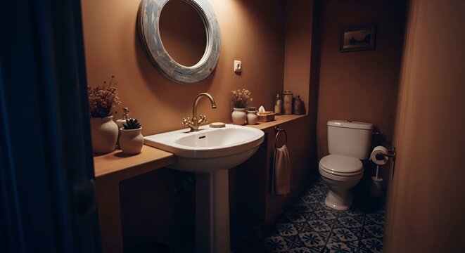 Modern bathroom interior with sink and toilet.