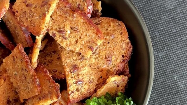 Crouton spices flax seeds croutons crisps rye bread chips tasty snack fresh gourmet food background on the table rustic food top view copy space