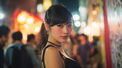 Obraz premium young woman dressed for nightlife in tokyo stylish urban evening portrait