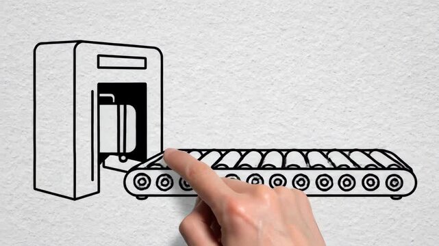 Whiteboard style animation of luggage moving through security scanner on conveyor belt, baggage inspection and control process at border checkpoint or airport security system