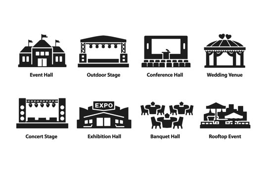 Black silhouette icons of event venues including hall, outdoor stage, conference room, wedding canopy, concert stage, expo center, banquet dining, rooftop setup