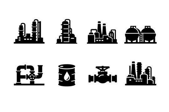 Set of industrial oil and gas refinery icons showing factories, storage tanks, pipelines, valves, and barrels in black silhouette on white background