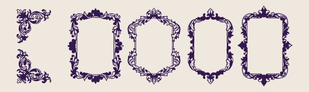 Ornate purple frame, vintage decorative border, baroque style illustration, hand drawn scrollwork, antique luxury border, artistic frame sketch, elegant invitations decor.