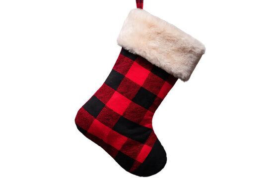 A festive christmas stocking featuring a classic red and black buffalo plaid fabric and fur cuff