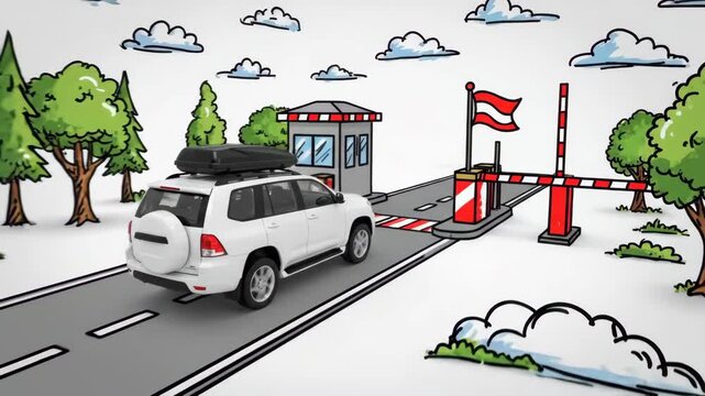 Whiteboard style animation of car driving toward border checkpoint with barrier and control booth, representing entry process and travel approach to border crossing