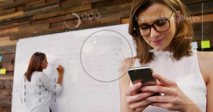 Animation of mathematical drawings and equations over schoolboy wearing vr headset