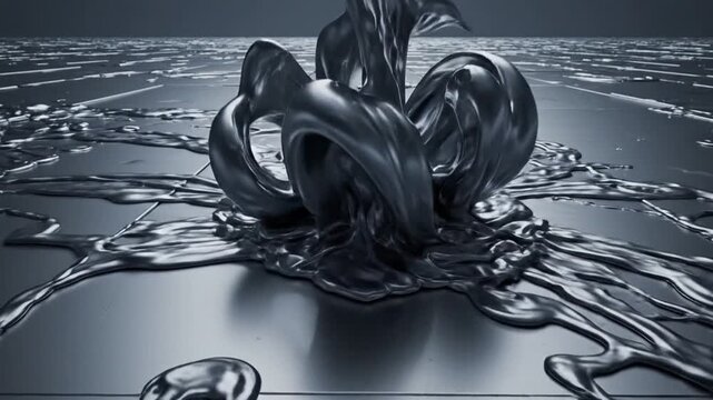 Viscous silvery liquid metal flowing and reshaping itself in an abstract, dark, and reflective environment