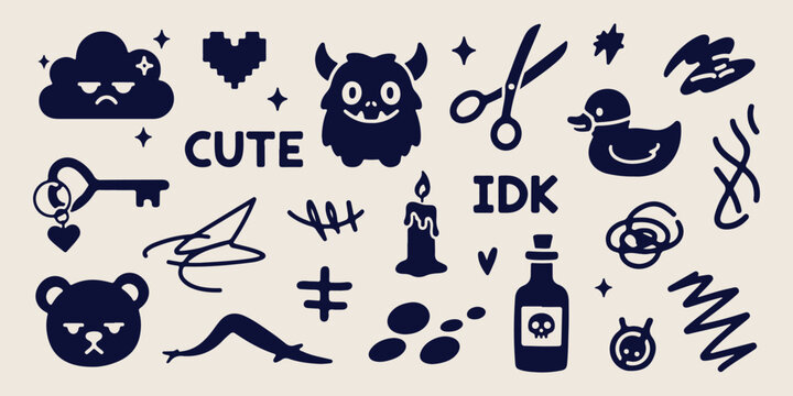 Cute monster character doodles, skull illustrations, "IDK" abbreviation text, unique graphic symbols, spooky art elements, funny creature drawings, quirky sketches.
