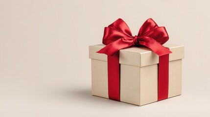 Obraz premium Gift box with red ribbon bow isolated on soft beige background elegant present for celebration