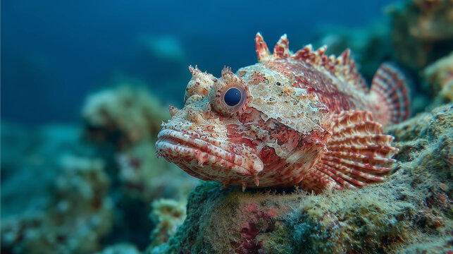 Close-up of a camouflaged scorpionfish resting on the seafloor, blending perfectly with coral and rocks in a vibrant underwater marine environment.