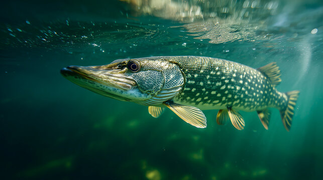 Underwater wildlife photo of a northern pike swimming calmly in clear freshwater, showcasing sharp teeth and sleek predatory body in natural habitat.