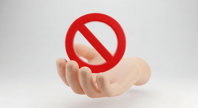 A flesh-toned three-dimensional hand model presents a prominent red stop or prohibition sign, indicating restriction or danger.