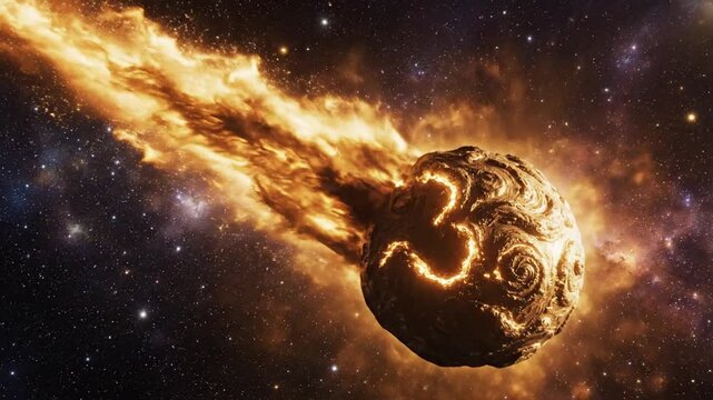Fiery meteoroid streaking through space amidst starry cosmic backdrop