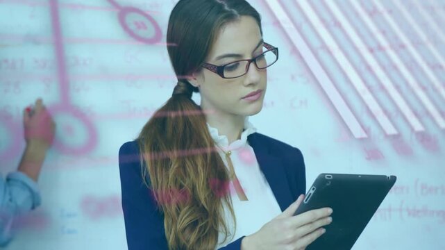 Reading from smartphone, woman with glasses over programming code animation
