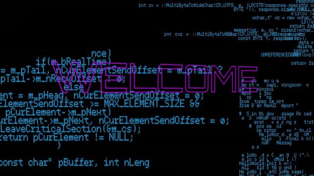 Purple WELCOME text animation over blue programming code on black background