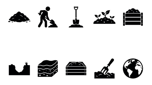 A collection of black and white icons representing various aspects of soil, gardening, and agriculture, including a pile of dirt, a person digging, a shovel, plants, and a globe.