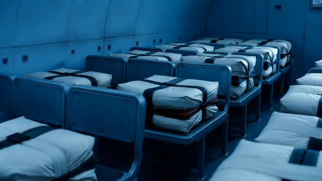 Secured parachute cargo bundles on metal seats inside a blue-lit aircraft transport for logistics or airlift.