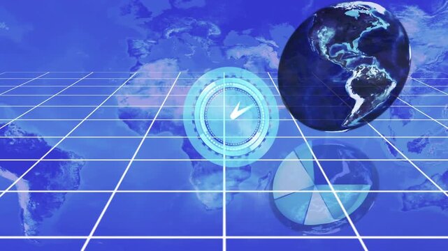 Globe entering right, HUD rings pulsing and rotating, producing pie-chart showing data on blue grid