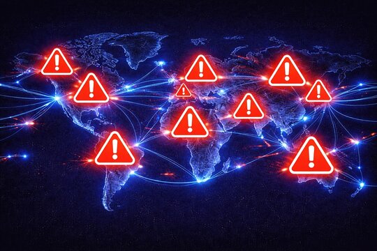 World map with icons of offline signal and interrupted digital routes representing global internet failures, submarine cable cuts, and network outages on different continents