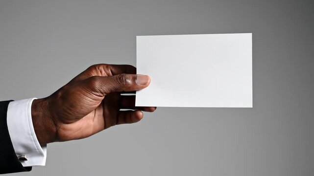 A male hand holds a single blank A6 postcard or invitation flyer mid-air against a grey background in a clean, natural print design mockup.
