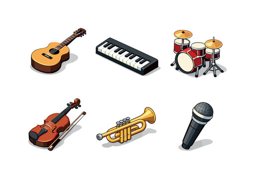 Set of illustrated musical instruments including guitar, keyboard, drum kit, violin, trumpet, and handheld microphone on white background