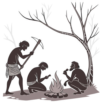 Ancient cavemen gathered around a campfire with tools in a primitive setting