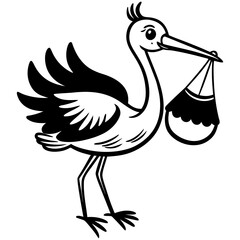 Fototapeta premium “Stork Carrying Baby Bundle Newborn Delivery Cute Line Art Vector Illustration”