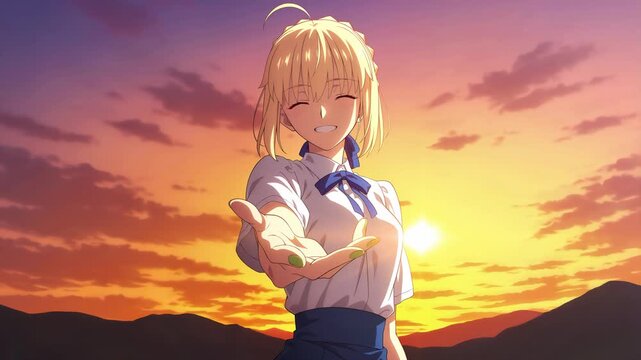Anime-style girl with short blonde hair and a bright smile, reaching forward in soft glowing light, creating a calm and inviting atmosphere