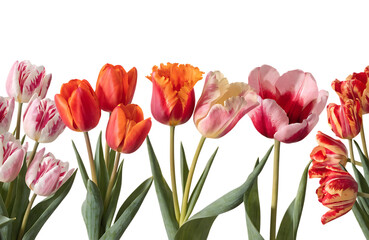 Fototapeta premium A vibrant assortment of colorful spring tulips featuring various petal shapes and unique patterns