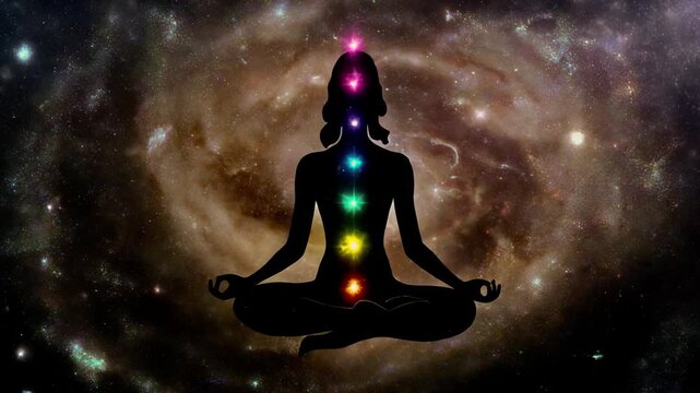 4K Cinematic Silhouette in Deep Space with 7 Activated Chakras and Swirling Galaxy