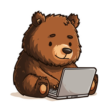Bear Working on Laptop: An adorable cartoon bear is engrossed in its work, focused intently on a laptop computer, conveying a sense of technological proficiency with a touch of whimsy.