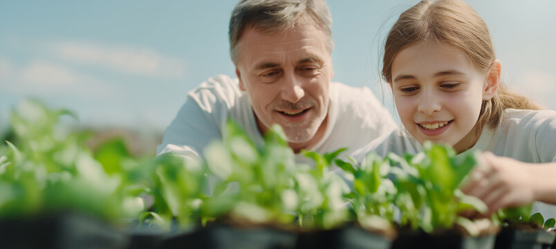 Smiling middle aged father and young daughter examining fresh green seedlings together in bright garden setting with soft sunlight and shallow depth of field, concept of family bonding and nature lear