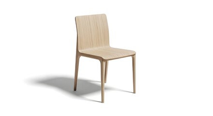 Obraz premium Stylish modern wooden chair with a minimalist design crafted from light wood on a pristine white background.