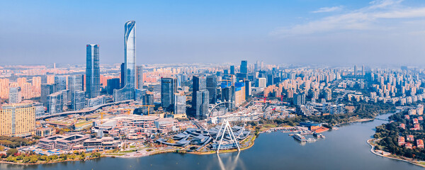 Aerial view of the city skyline at Jinji Lake in Suzhou, Jiangsu Province, China. © Govan